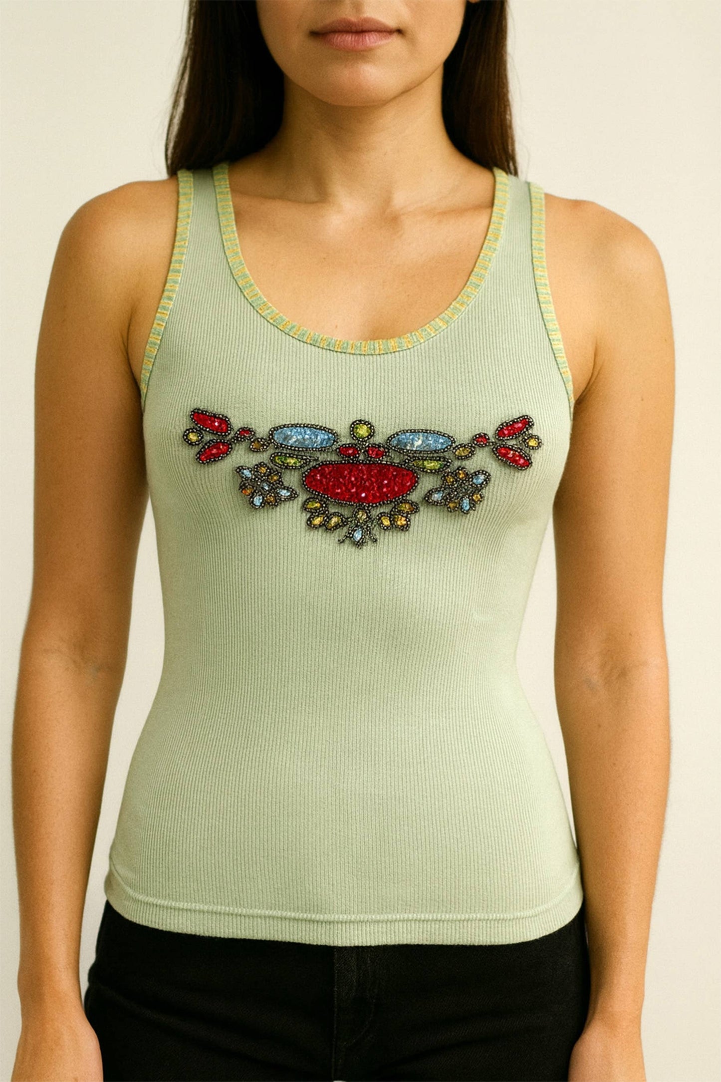 SHIP AUG 7-12 Retro Embroidered & Bead Trim Rib Tank