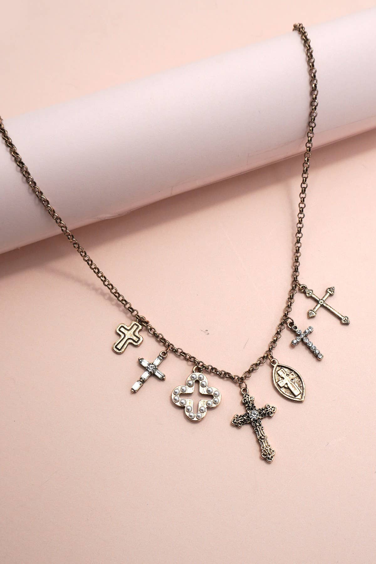 CHARM NECKLACE-BURNISH GOLD CROSS CHARMS