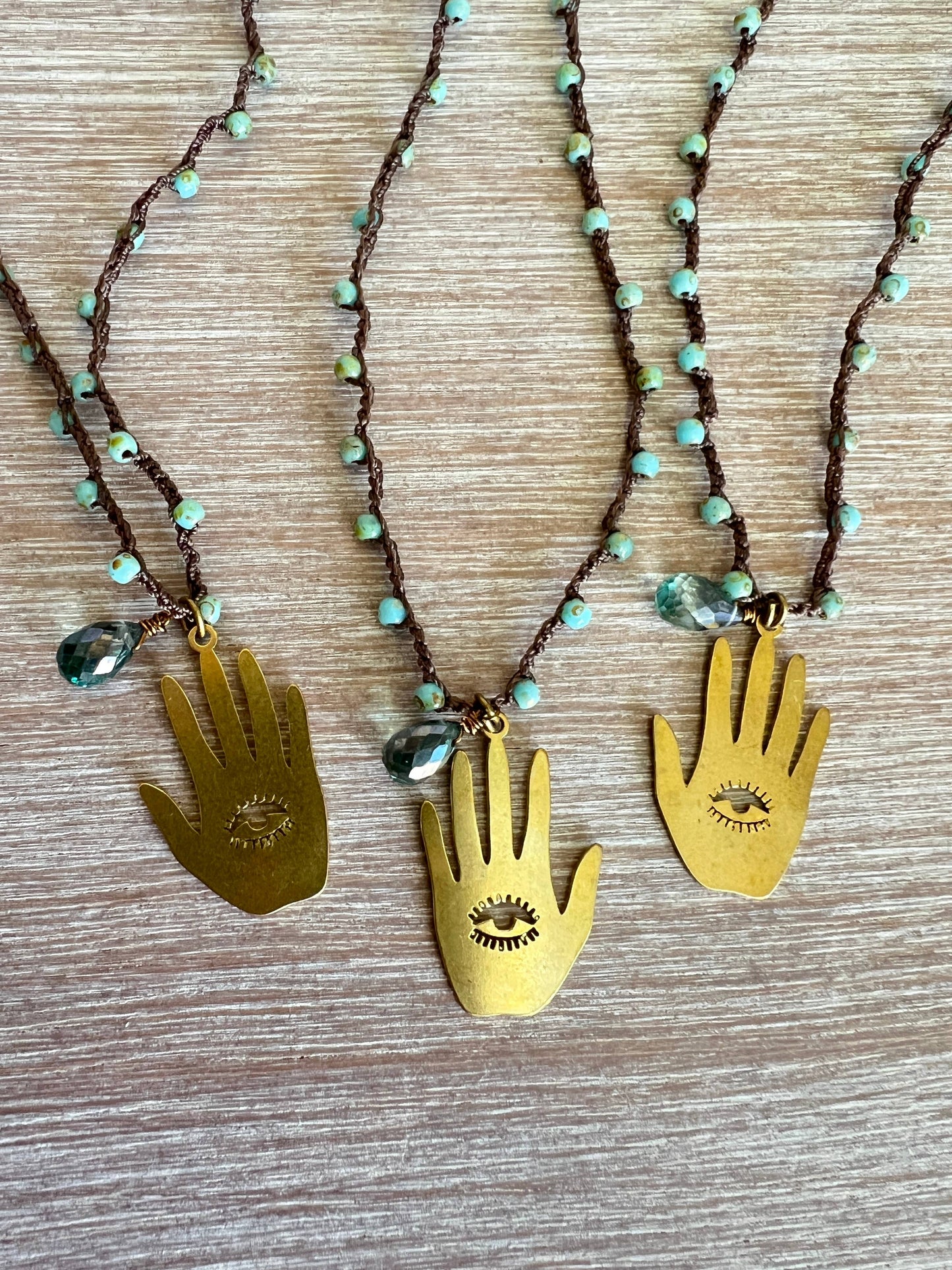 Hamsa Hand Necklace With Green Quartz Drop