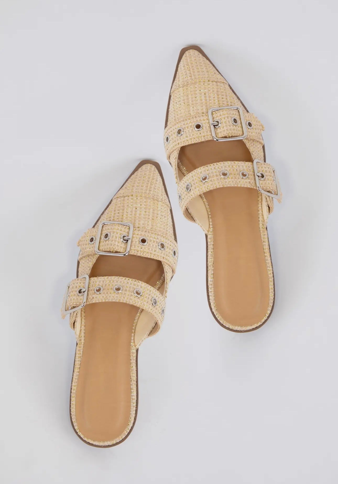 Tan Raffia Pointed Toe Slip on Flats