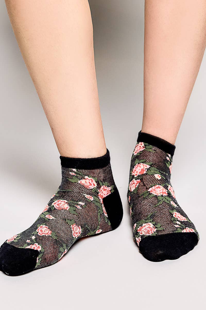 Allover Floral Print Classic Ribbed Cuff Knit Crew Socks