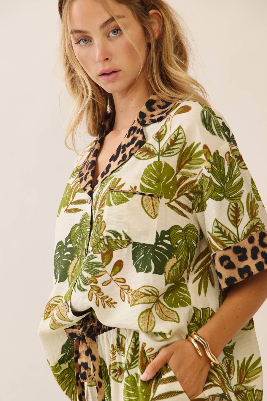 Palm and Leopard Button-up Top Matching Shorts Set