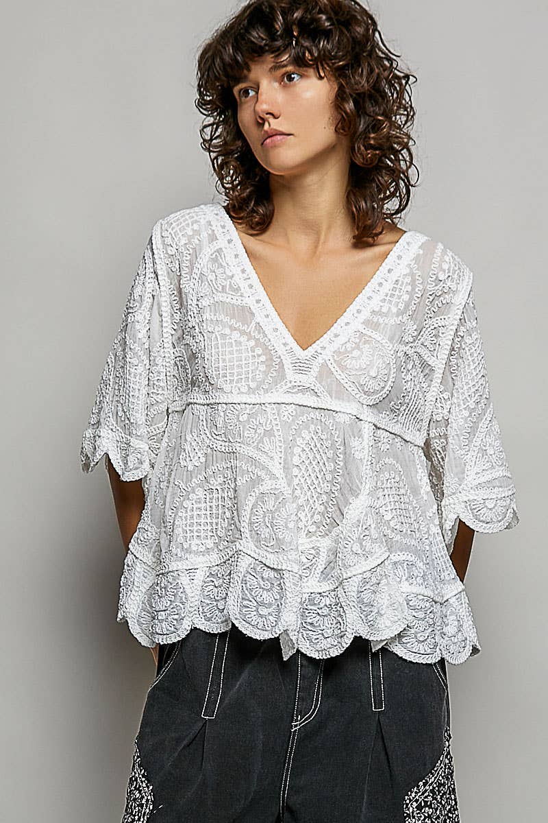Short Sleeve V-neck Vintage Washing Solid Crochet Top