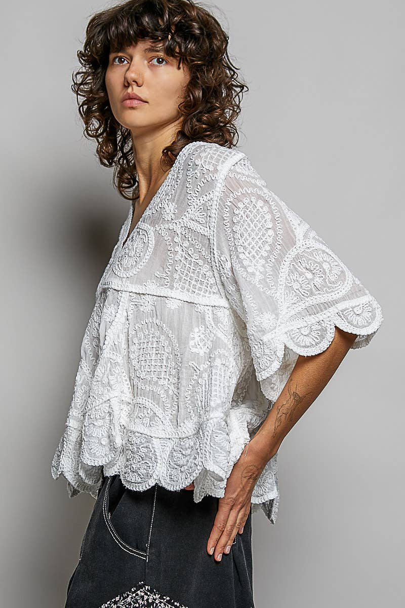 Short Sleeve V-neck Vintage Washing Solid Crochet Top