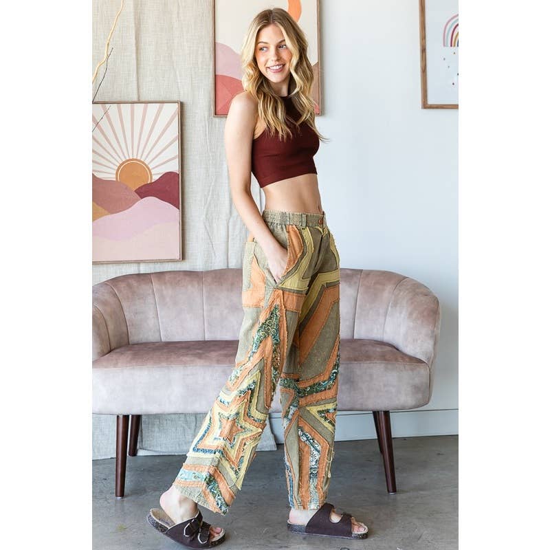 WASHED STAR PATCHWORK MIX MEDIA PANTS