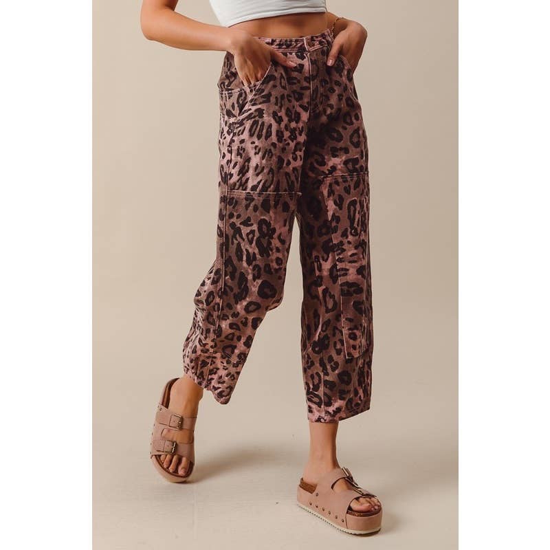 VINTAGE WASHED LEOPARD MID RISE WIDE LEG BARREL SHAPE PANTS