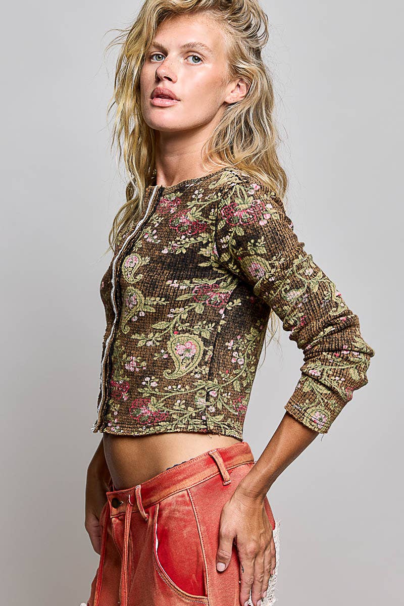 Vintage Floral Botanical Print Ribbed Knit Button Cardigan