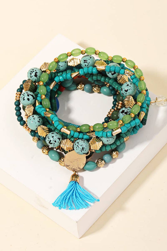 Turquoise Beaded Tassel Bracelet Set