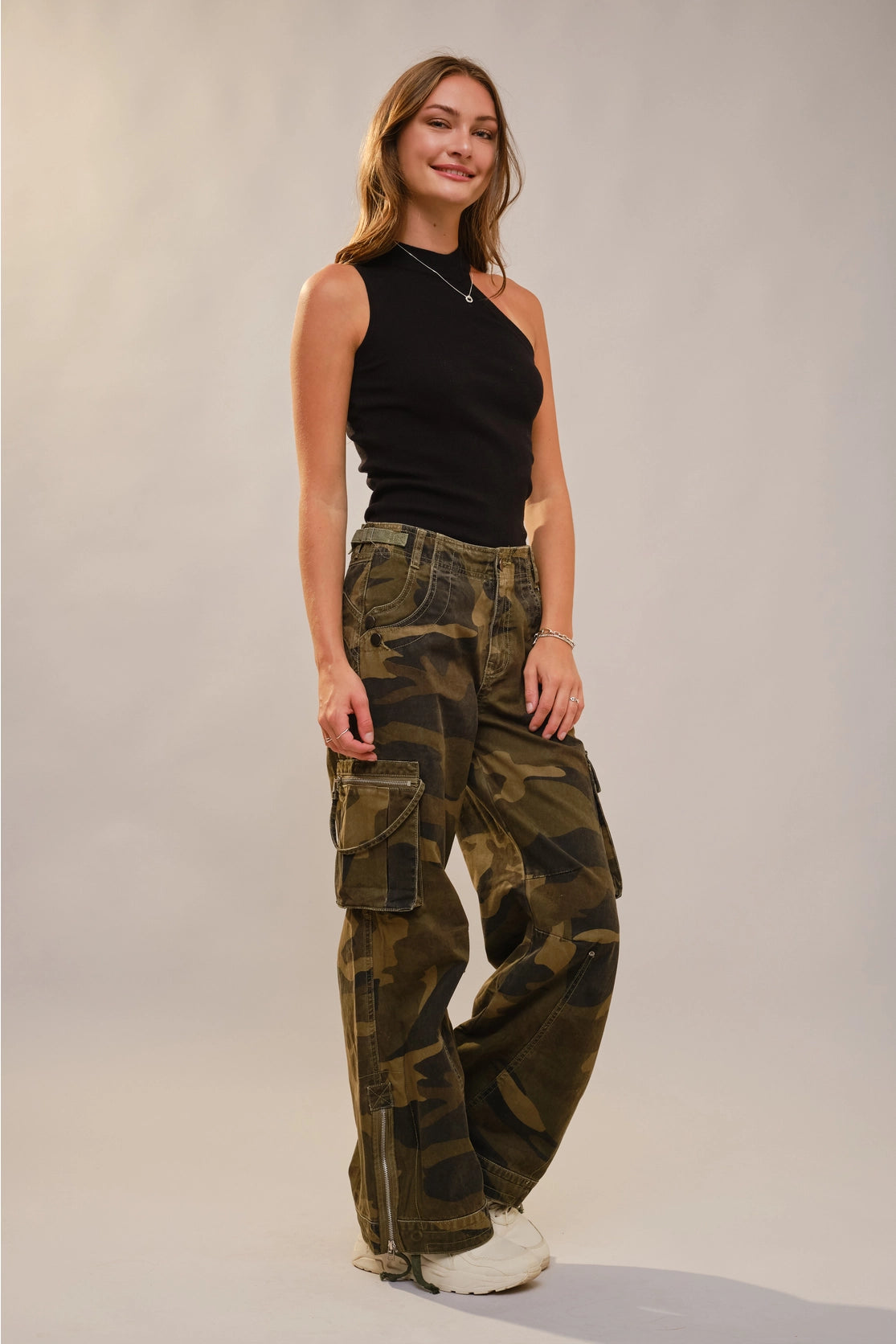 Camo Cargo Pants with Studs and Drawstring