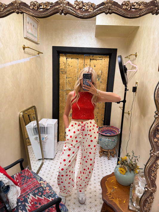 Retro Polka Dot Elastic Waist Wide-Leg Pants