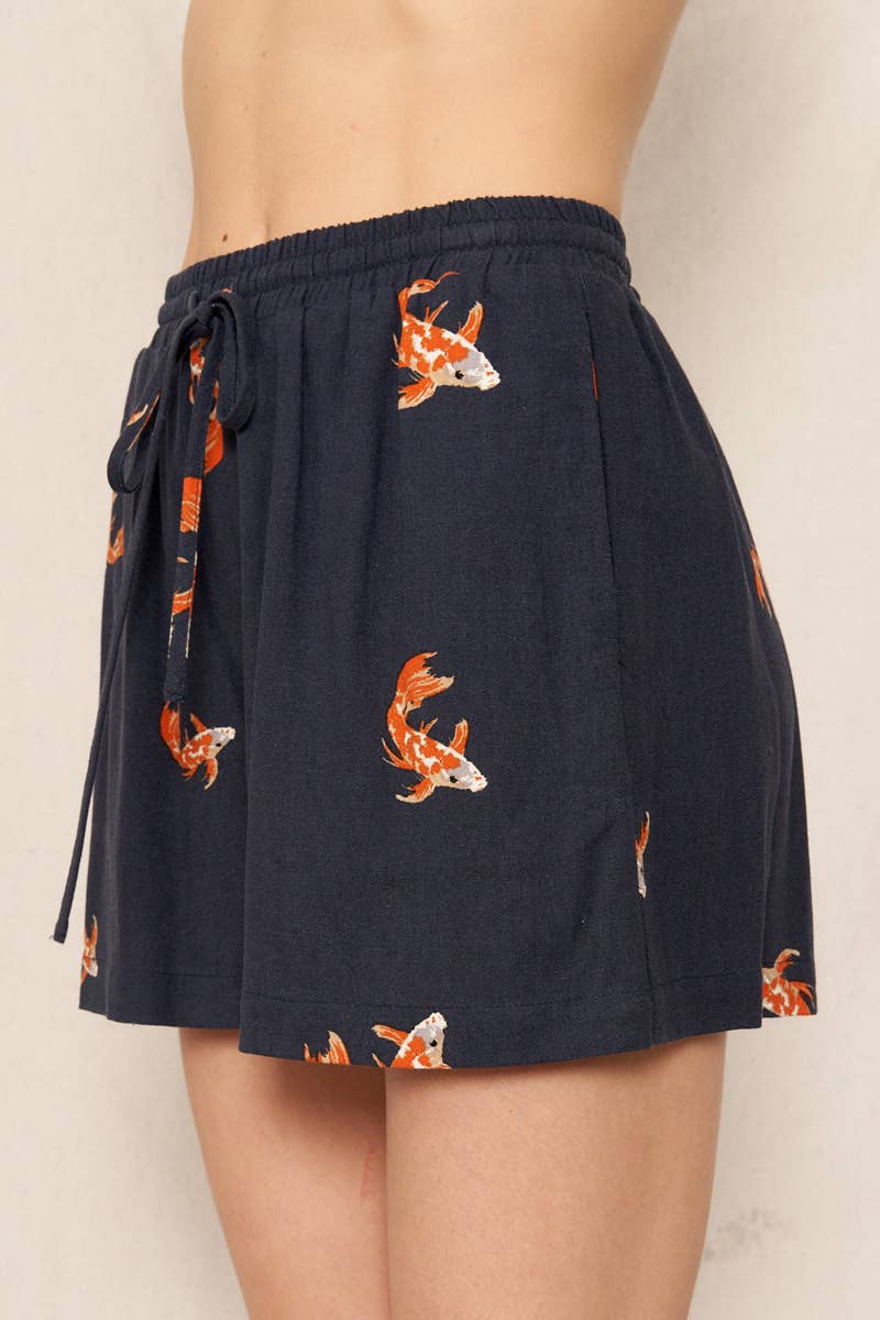 Koi Fish Print Elastic Waistband Shorts