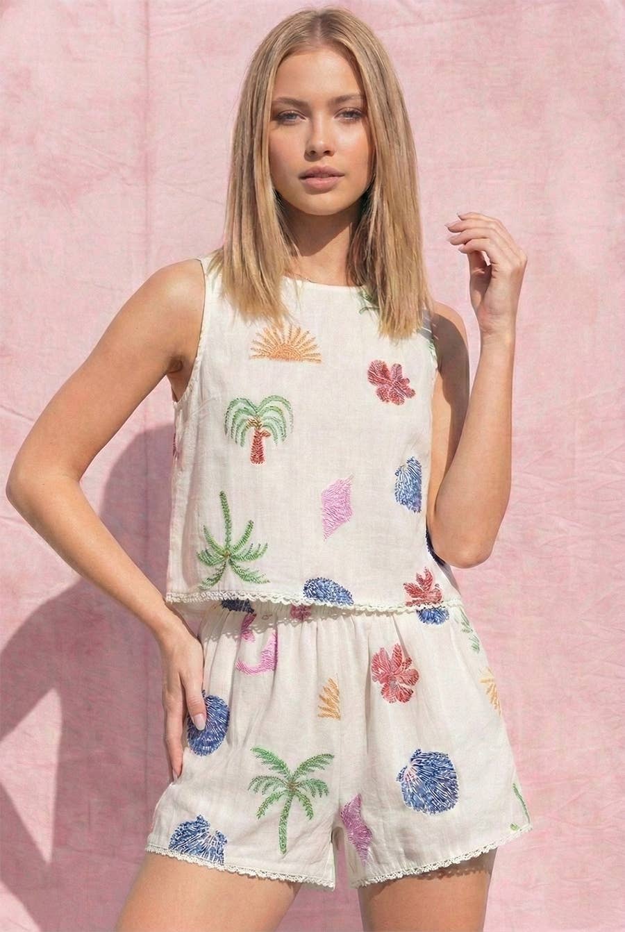 Palm and Dolphin Printed 2- Piece Short Set