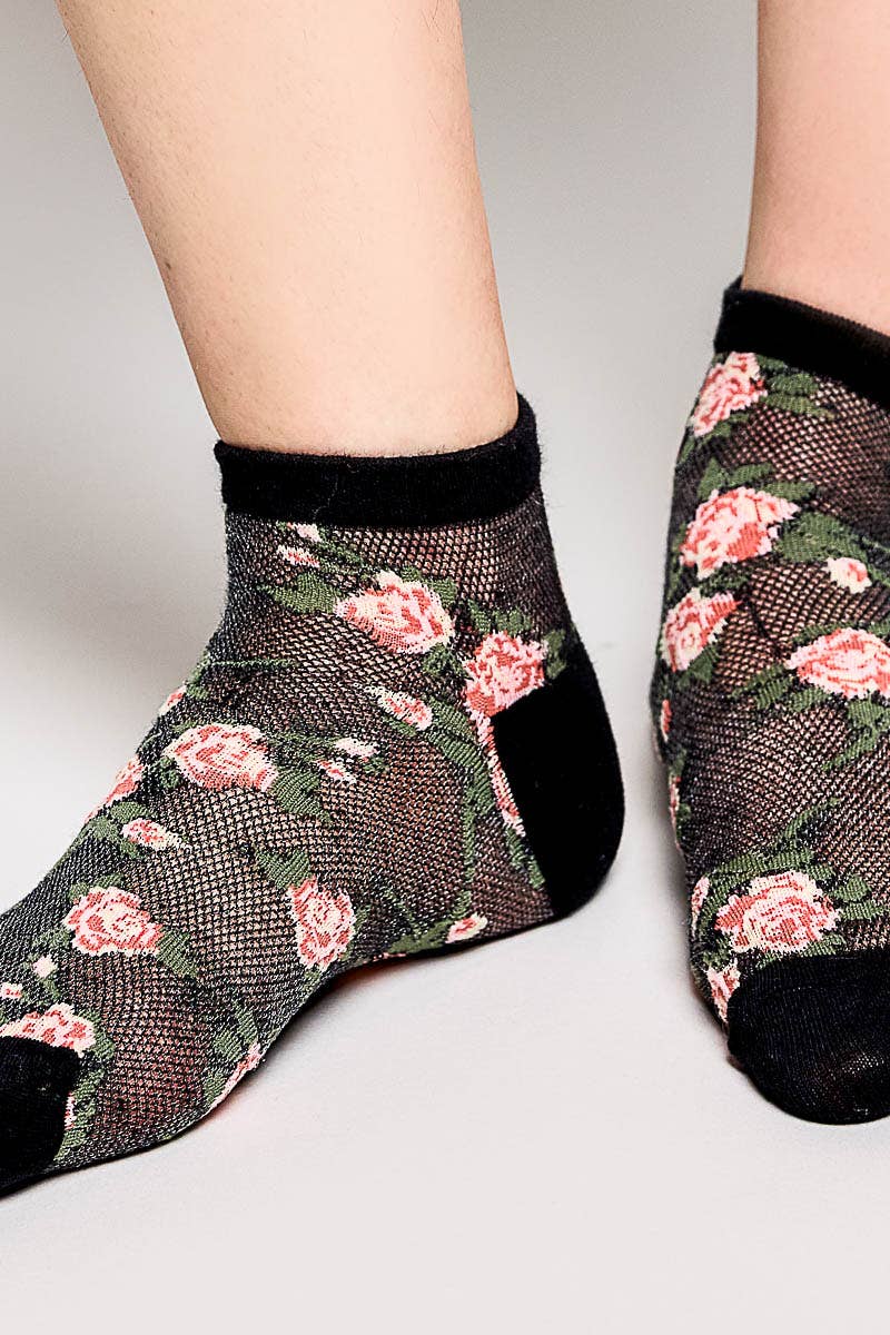 Allover Floral Print Classic Ribbed Cuff Knit Crew Socks
