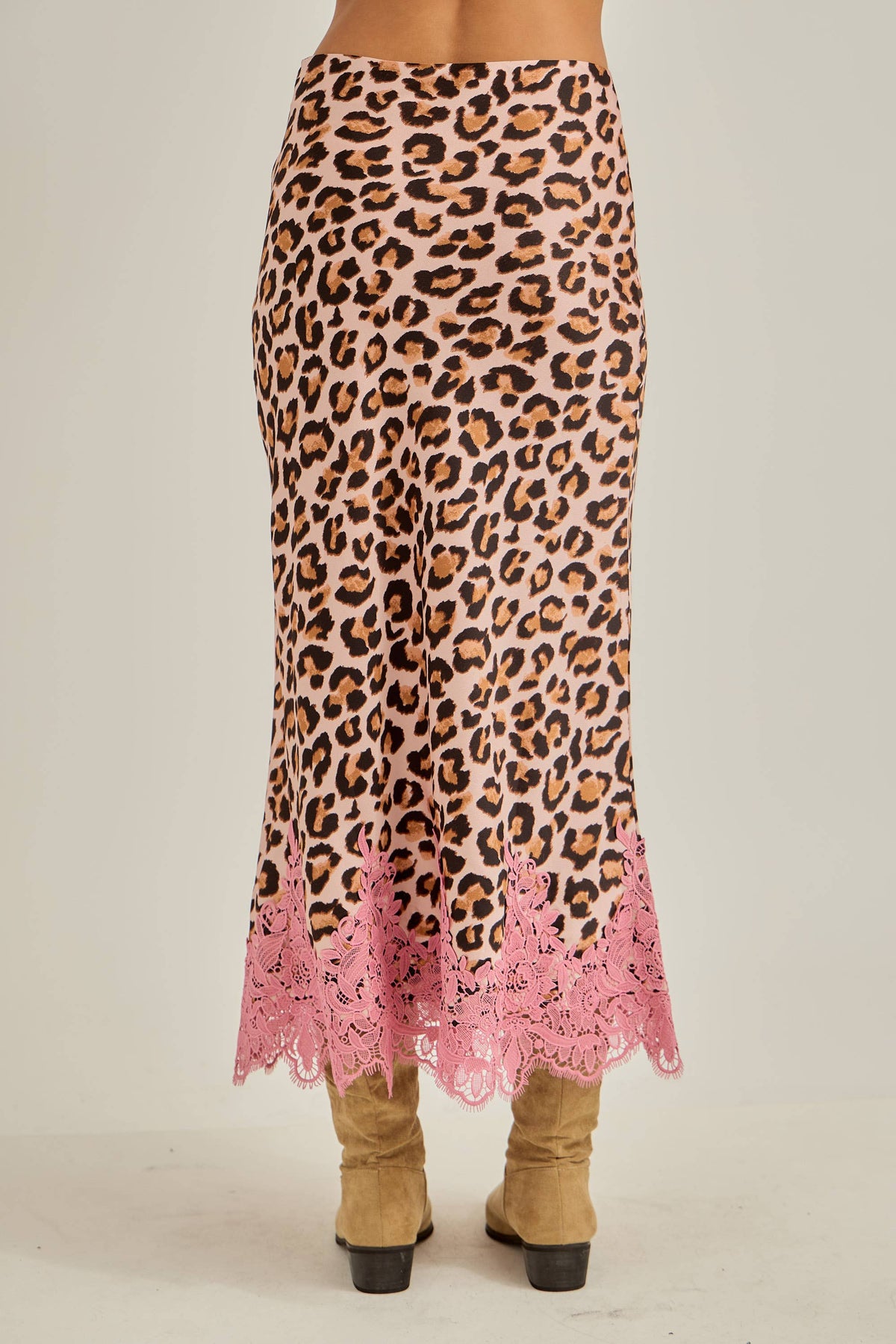Leopard with lace hem fit & flare bias maxi skirt