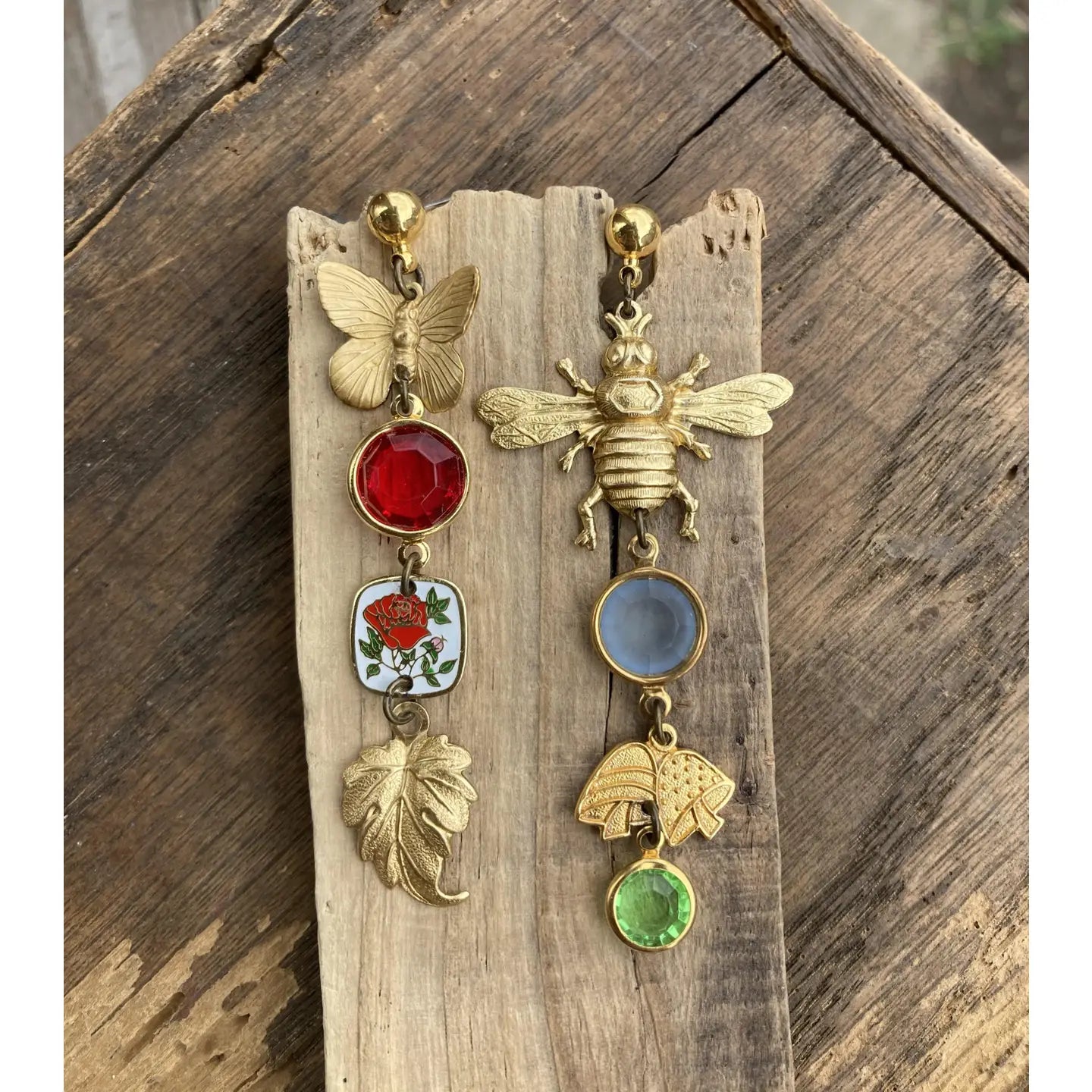 Nature Study Brass & Crystal Charm Earrings