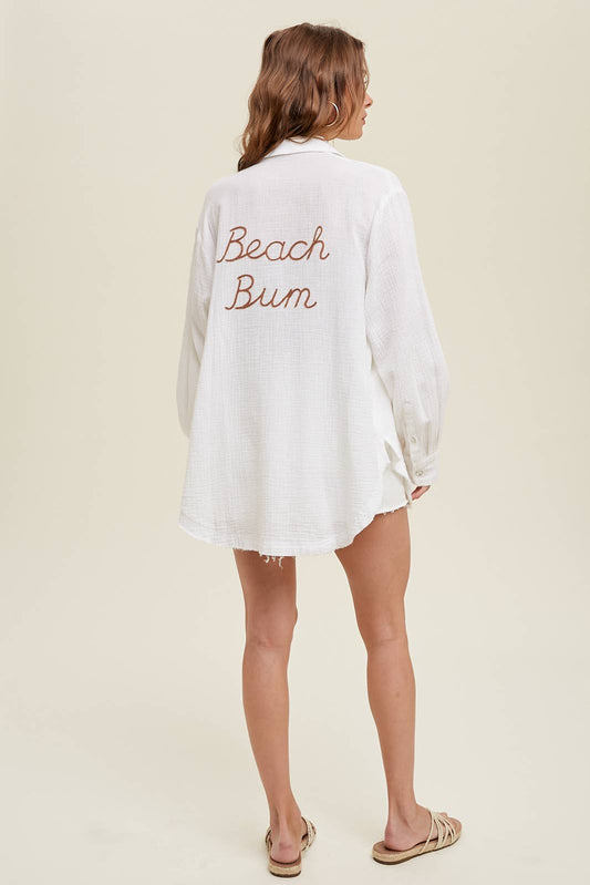 BEACH BUM EMBROIDERED GAUZE SHIRT WITH RAW EDGE