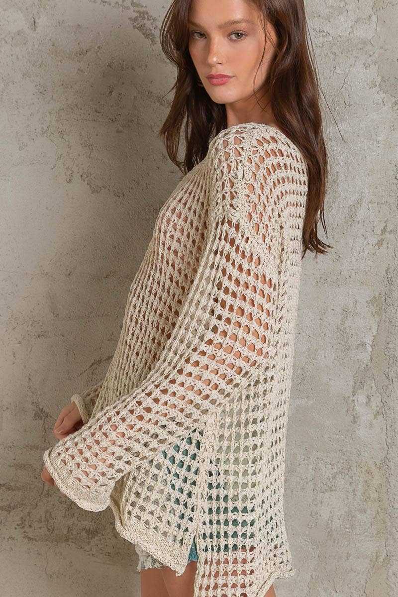 Beige Dropped Shoulder Open Knit Boat Neck Crochet Sweater