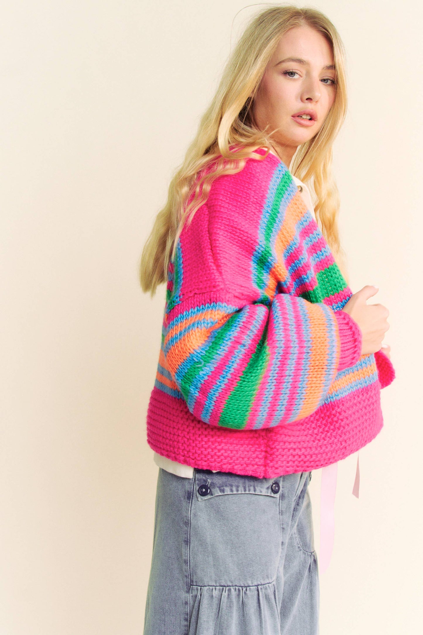 Chunky Striped Open-Front Cardigan