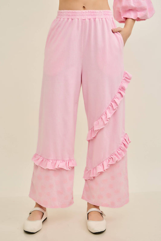 Mineral Washed Boho Polkadot Ruffle Pants