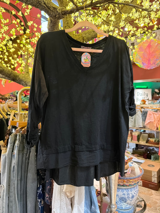 Black faded sleeve V-Neck Cotton hi-low long sleeve top