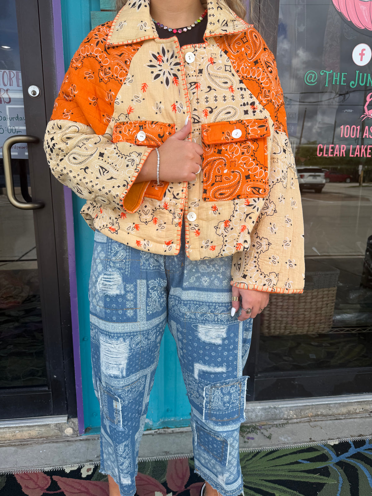 Quilted Patchwork Paisley Button Front Jacket Top