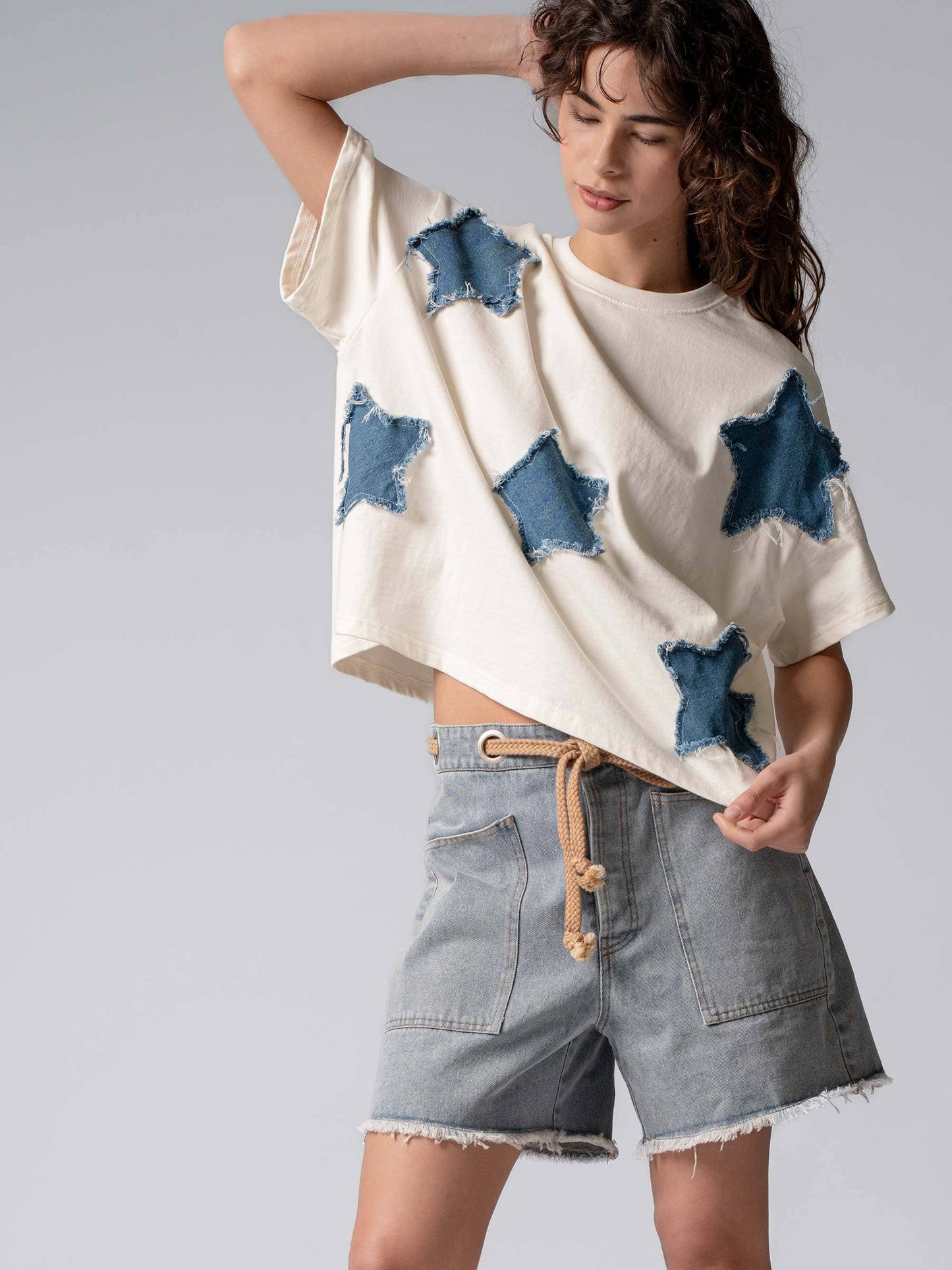 Distressed Denim Star Appliqué Cotton Tee