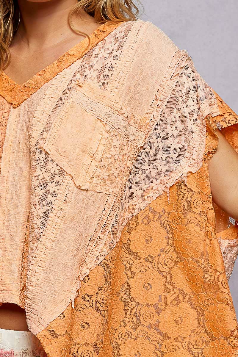 Patchwork Lace Oversized V-Neck Raw Edge Top