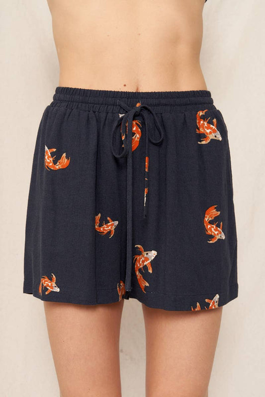 Koi Fish Print Elastic Waistband Shorts