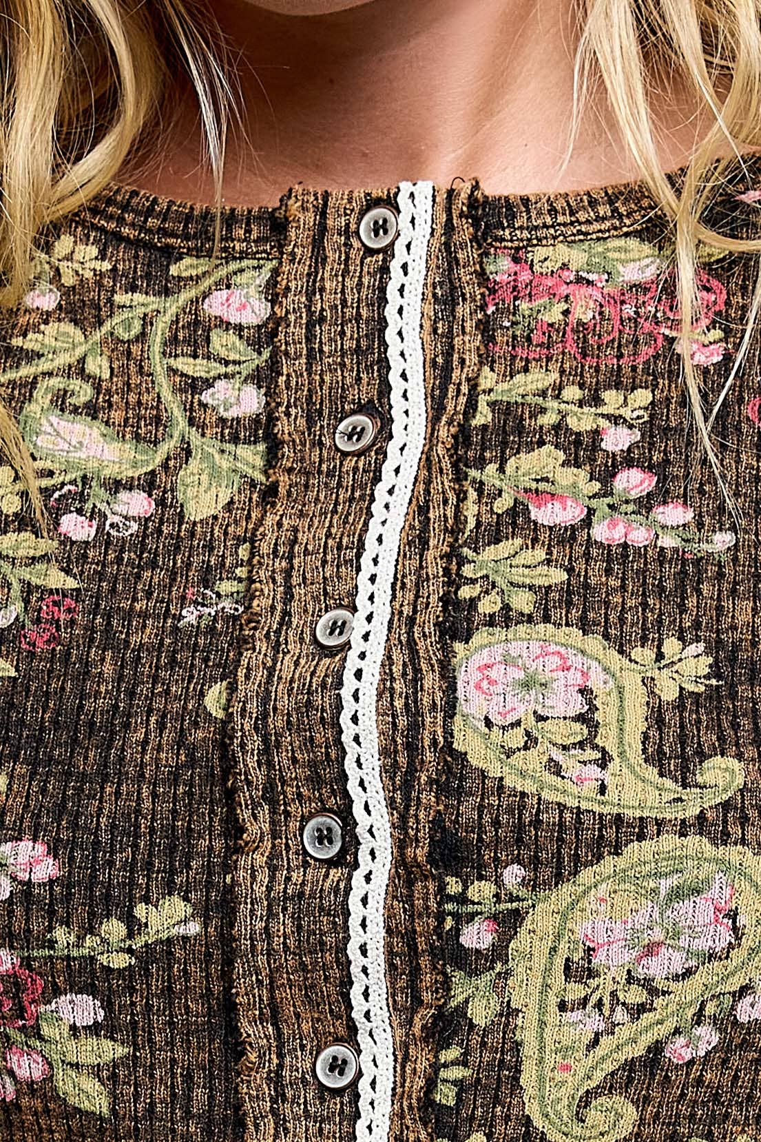 Vintage Floral Botanical Print Ribbed Knit Button Cardigan
