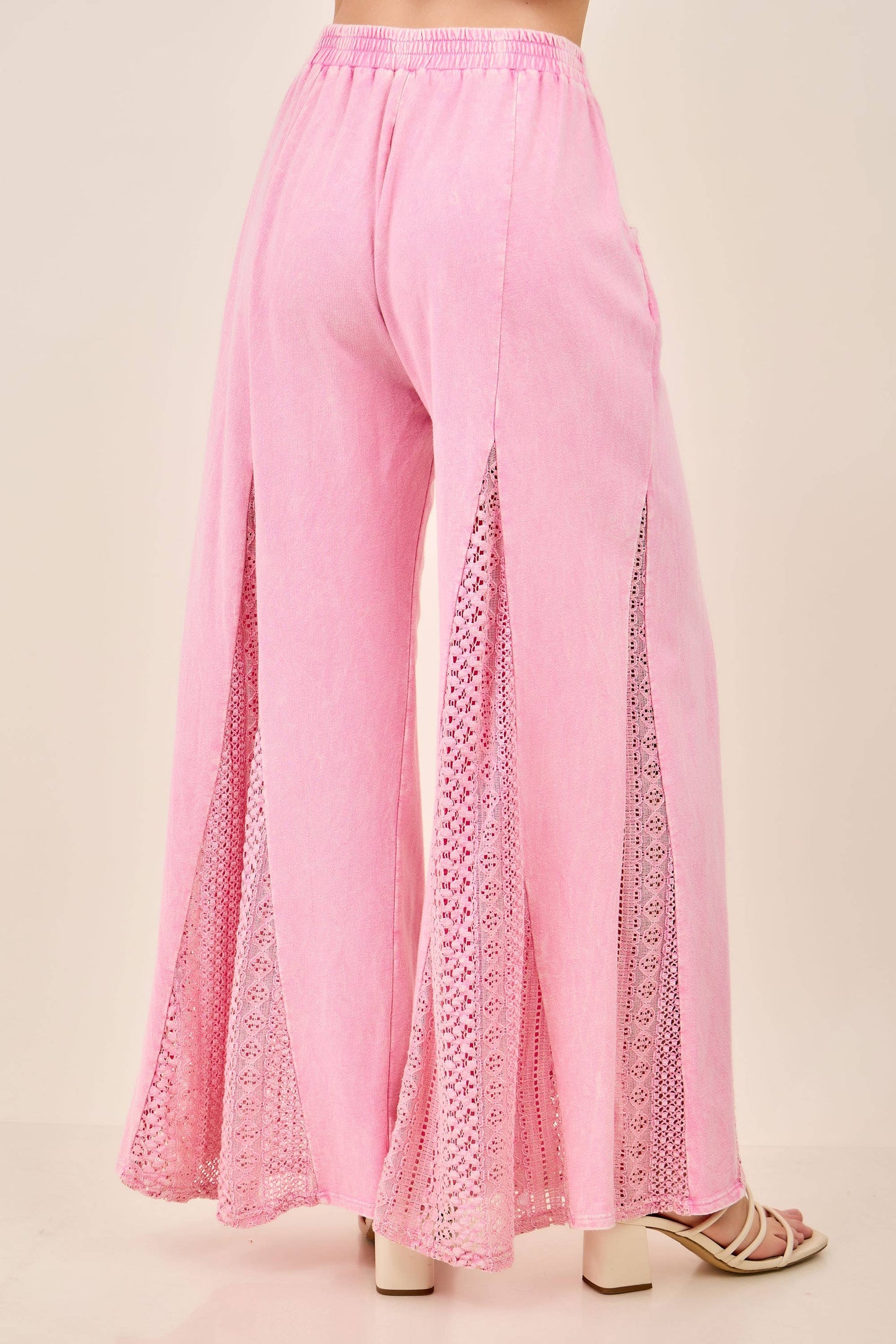 Pink Mineral Washed Lace Flare Hippie Boho Pants
