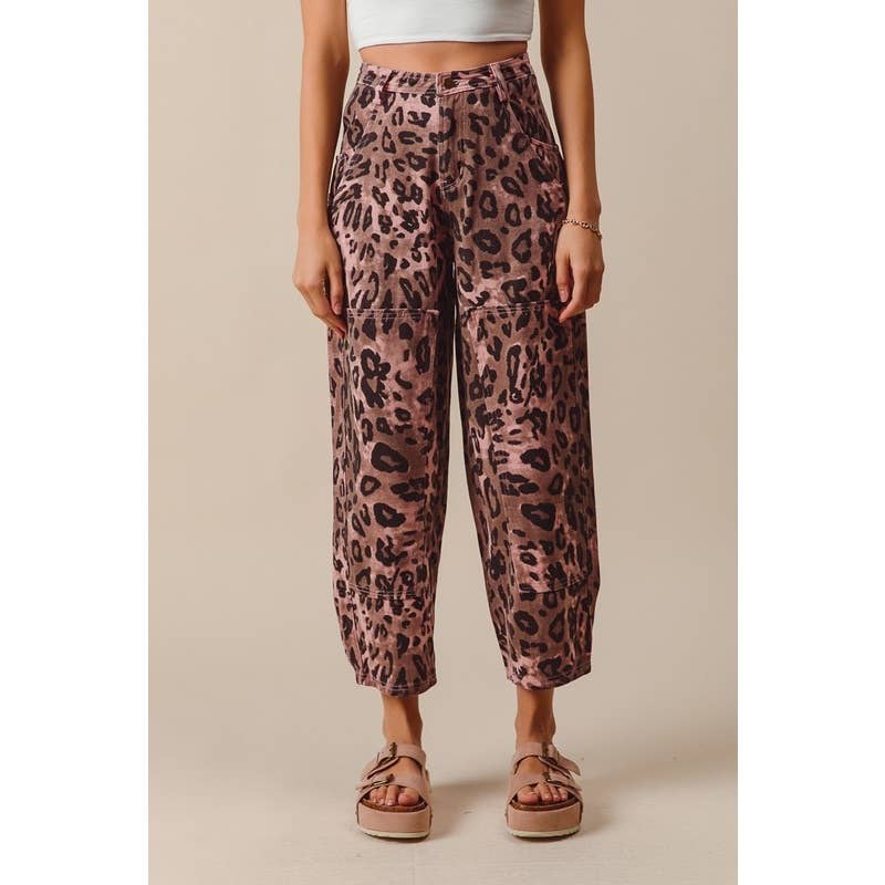 VINTAGE WASHED LEOPARD MID RISE WIDE LEG BARREL SHAPE PANTS