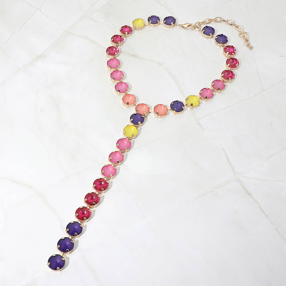 Multicolor Round Gem Link Y-Drop Statement Necklace