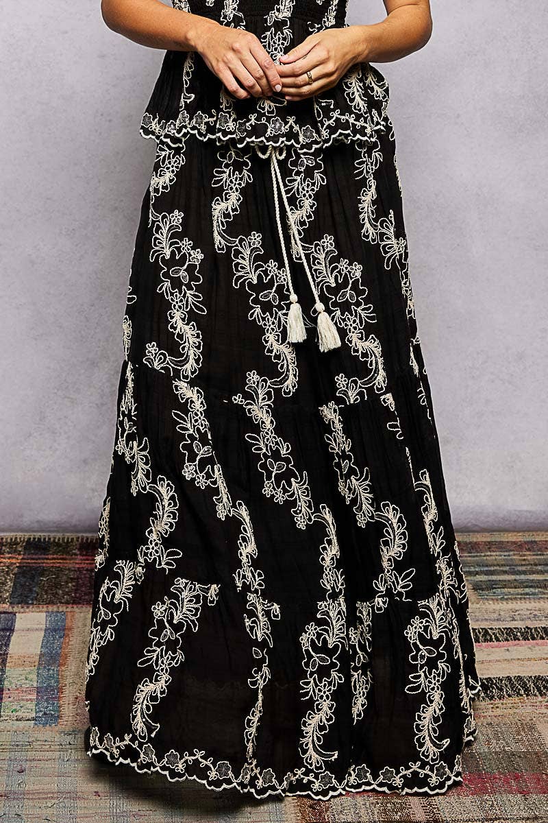 Embroidered Viscose Smocked Waistband Maxi Skirt