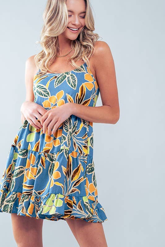 Tropical Leaf Print Tiered Mini Dress