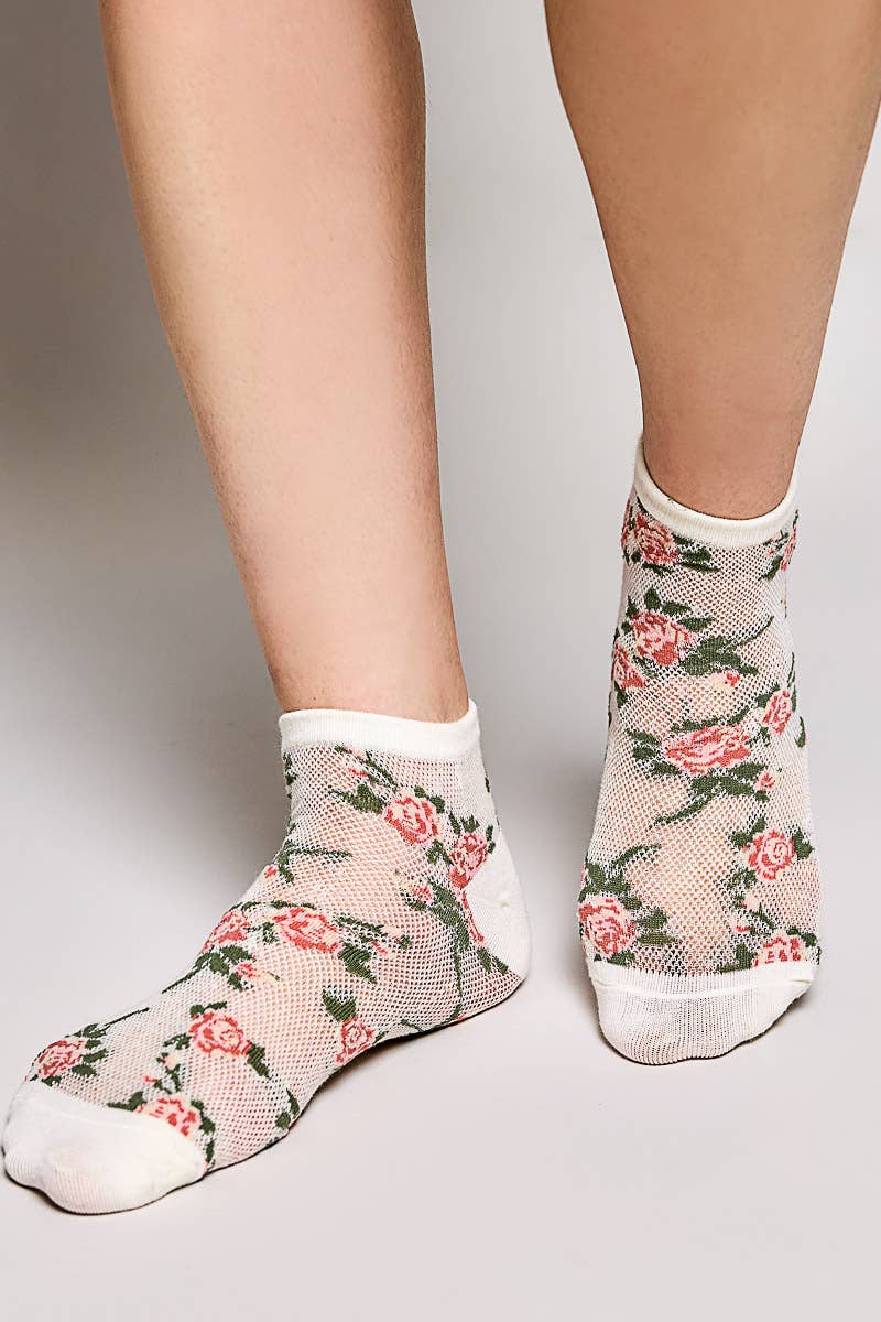 Allover Floral Print Classic Ribbed Cuff Knit Crew Socks