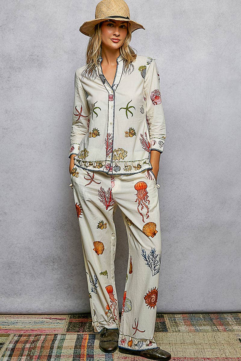 Sea-Inspired Print Shell Trim Contrast Stitch Pants