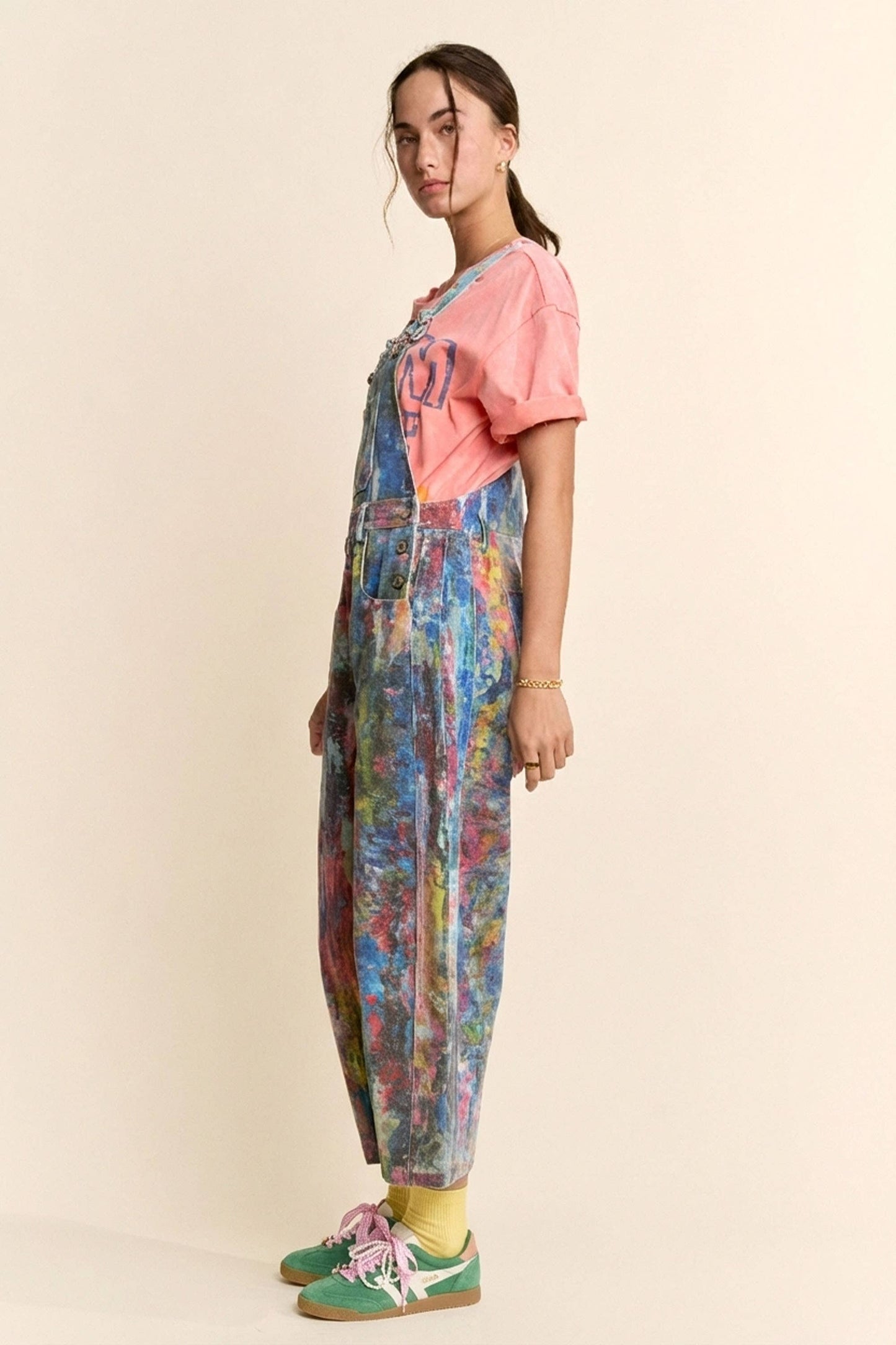 WATER COLOR DENIM BARREL PANTS OVERALL JUMPSUIT