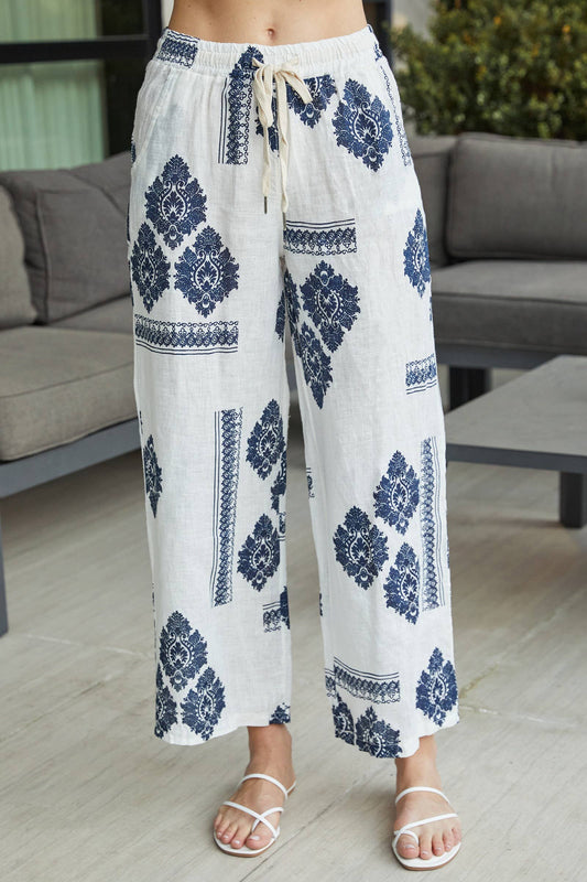 White and Navy Linen Damask Print Pants