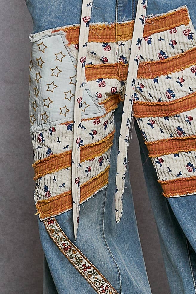 American Flag Patch Elastic Band Solid Stripe Wide Pants