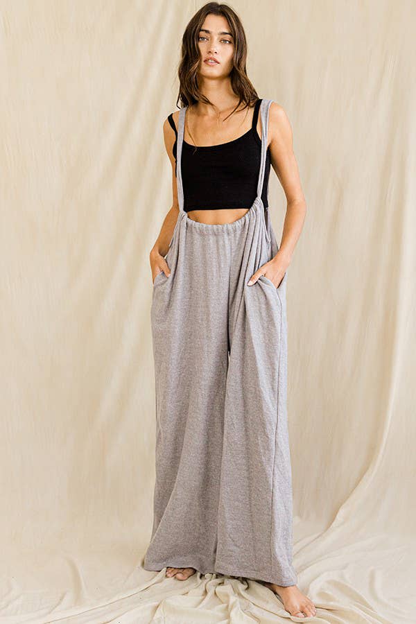 Grey Wide Leg Solid Brushed Knit Adjustable Length Jumpsuit