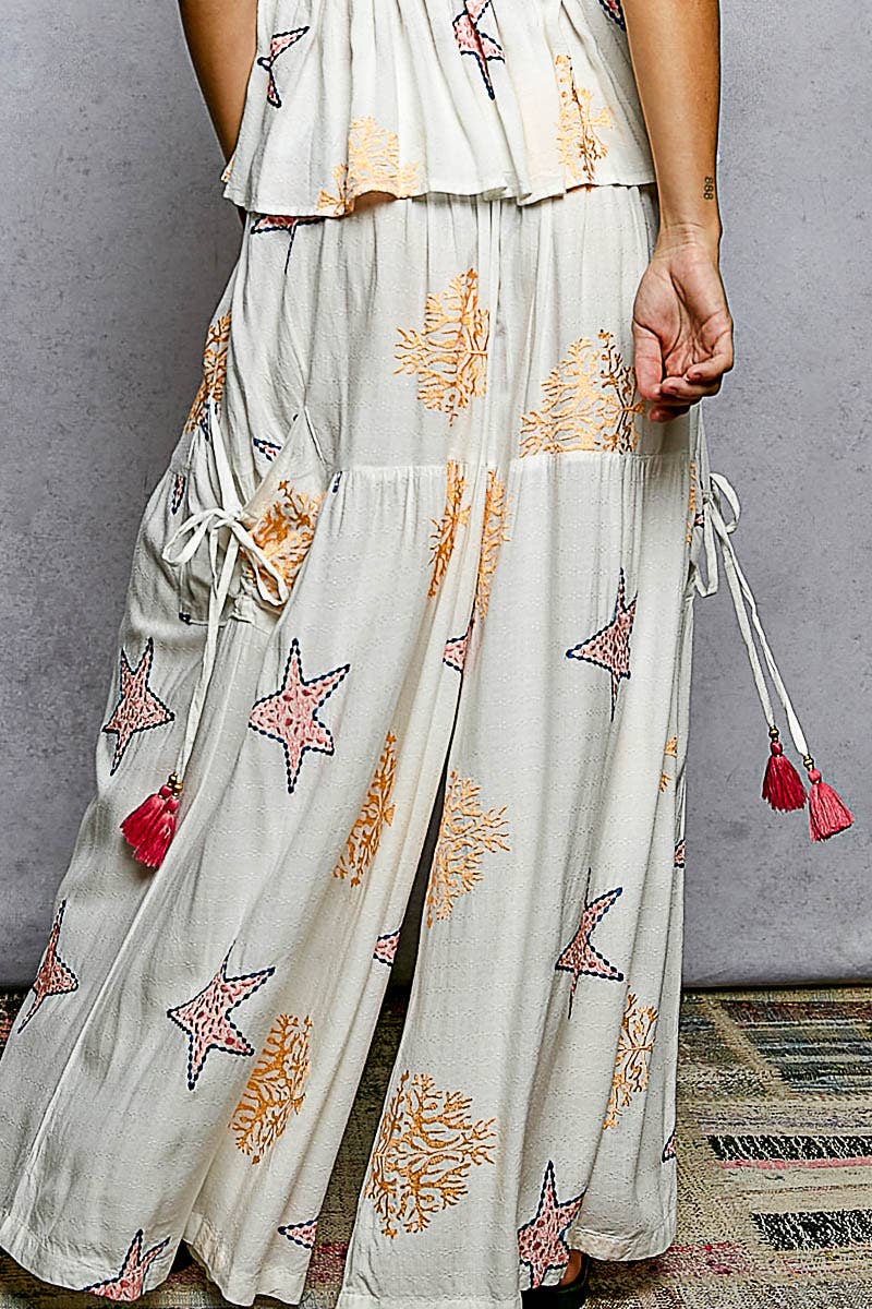 Star Embroidery Tassel Pocket Wide Leg Flowy Pants and Tank