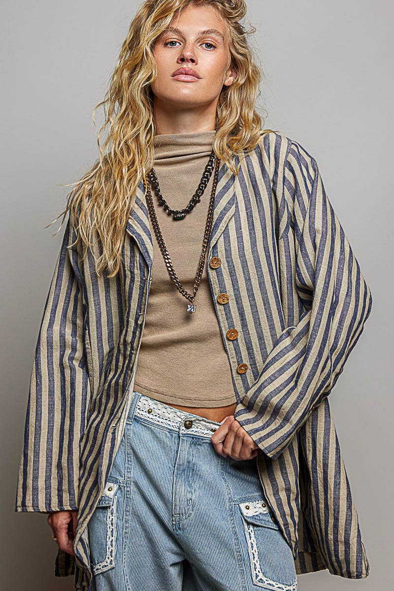 Stripe Pattern Asymmetrical Hem Lapel Style Woven Jacket