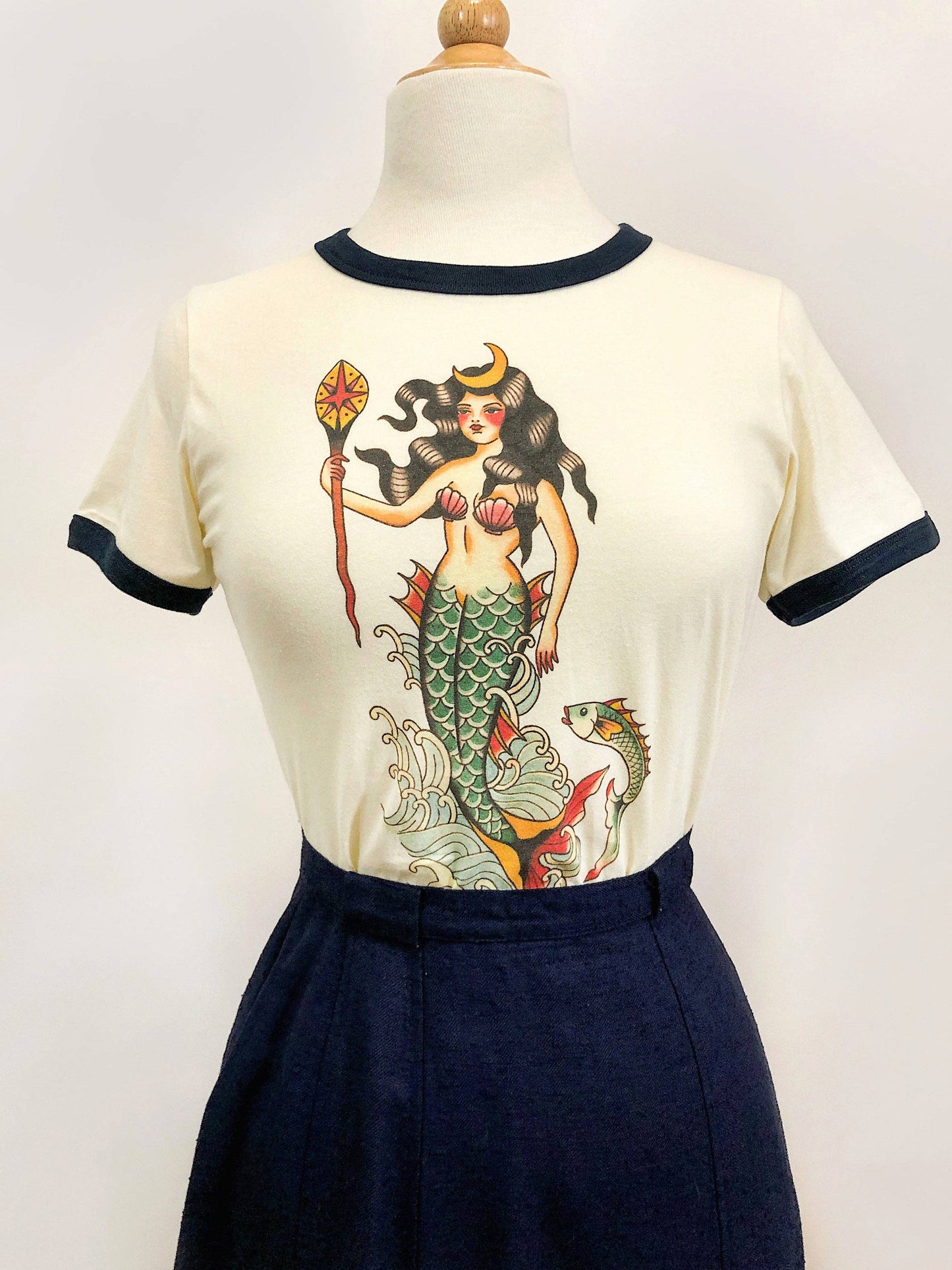 Queen of The Seven Seas Fitted Ringer Tee in Natural/Navy