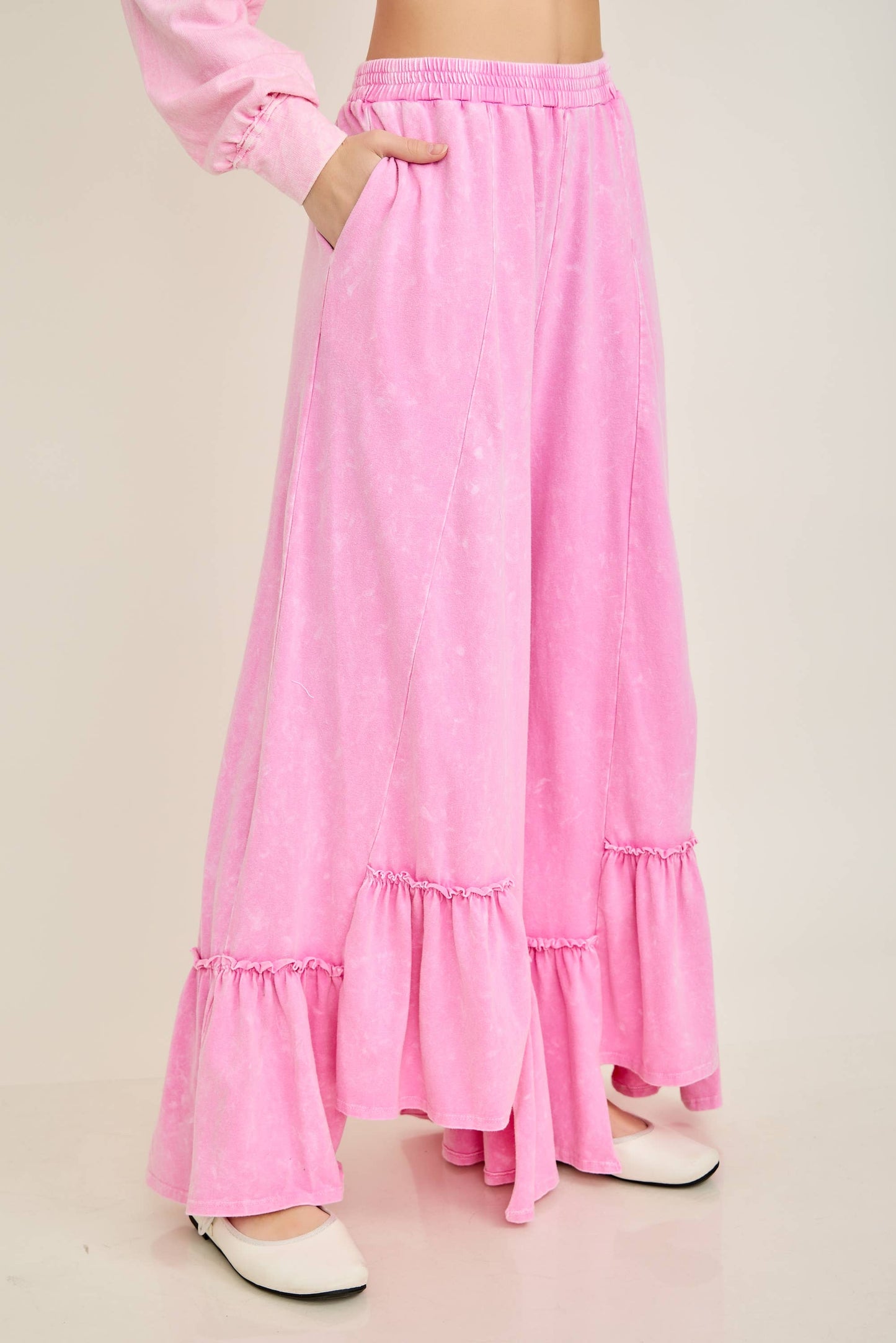 Pink Mineral Washed Jersey Tiered Skirt Pants
