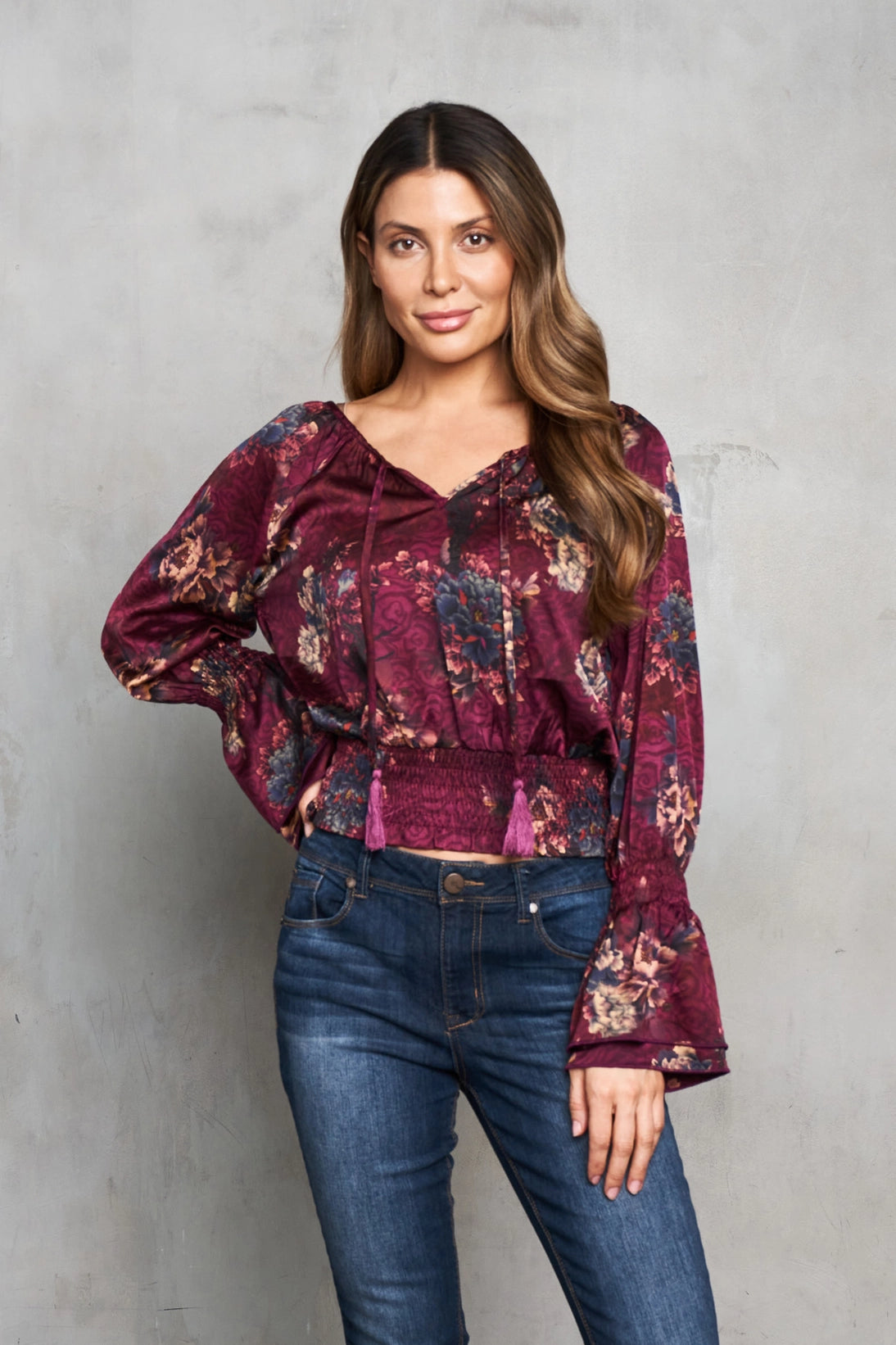 Satin Verona Print Peasant Top w/ Smocking