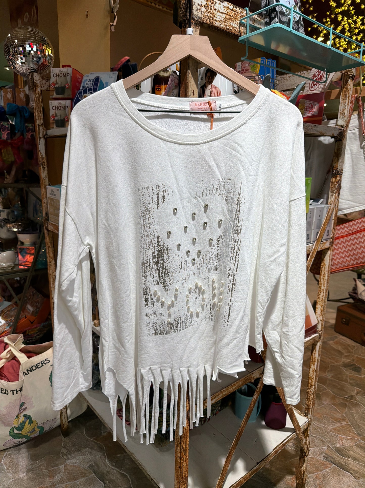 I Love You White Pearl and Rhinestone Distressed Sweatshirt