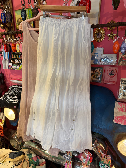 White Linen Palazzo Pants with Buttons on ankle
