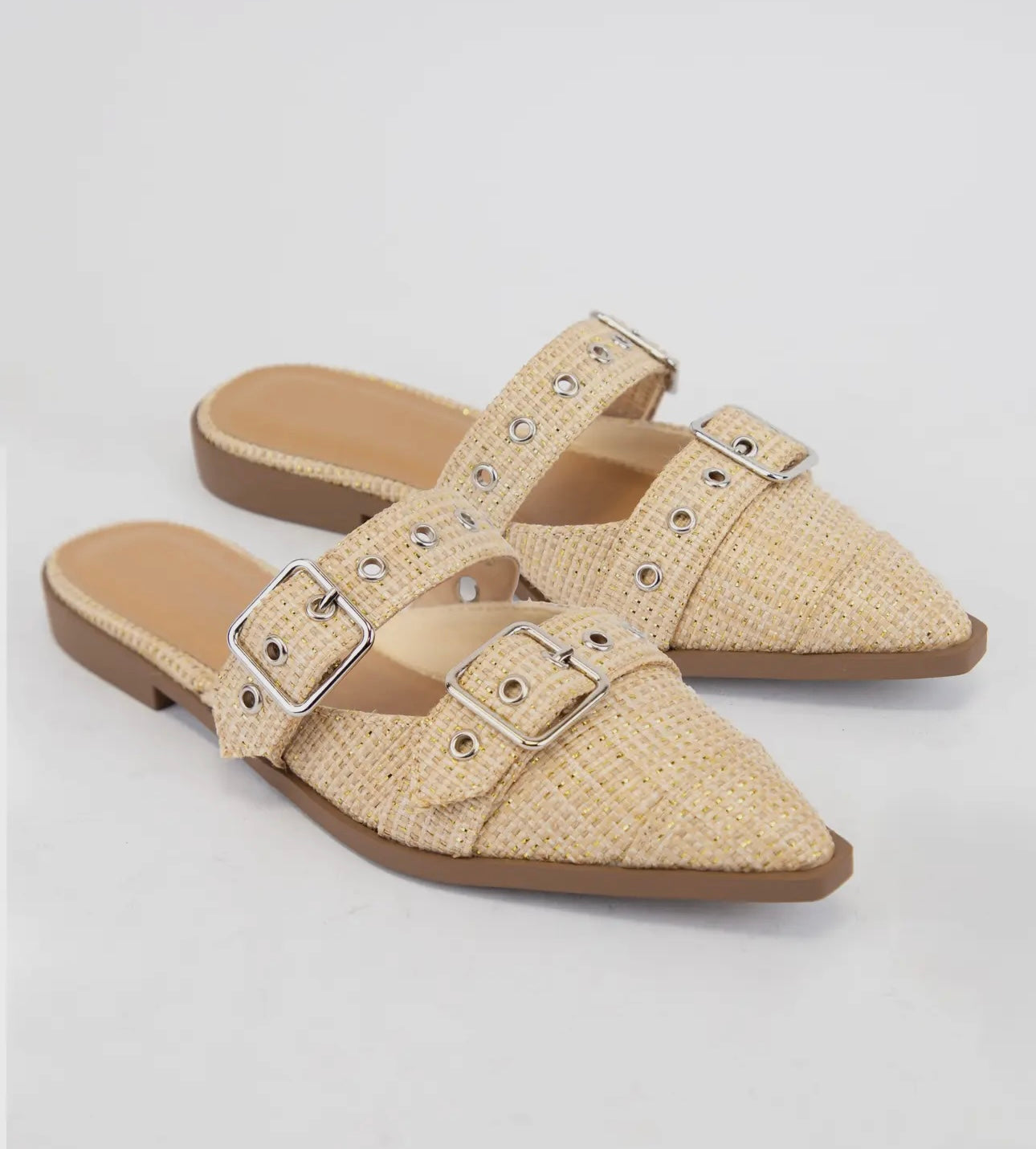 Tan Raffia Pointed Toe Slip on Flats