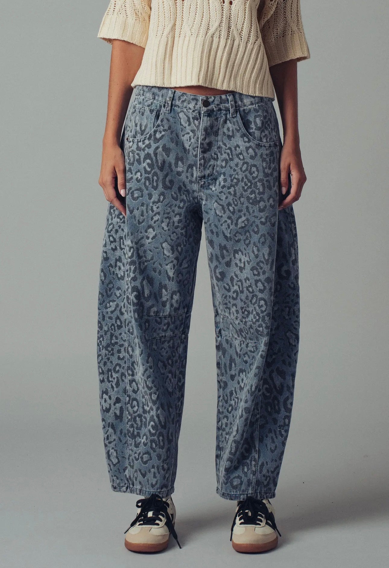 Blue Leopard Print Denim Barrel Jeans