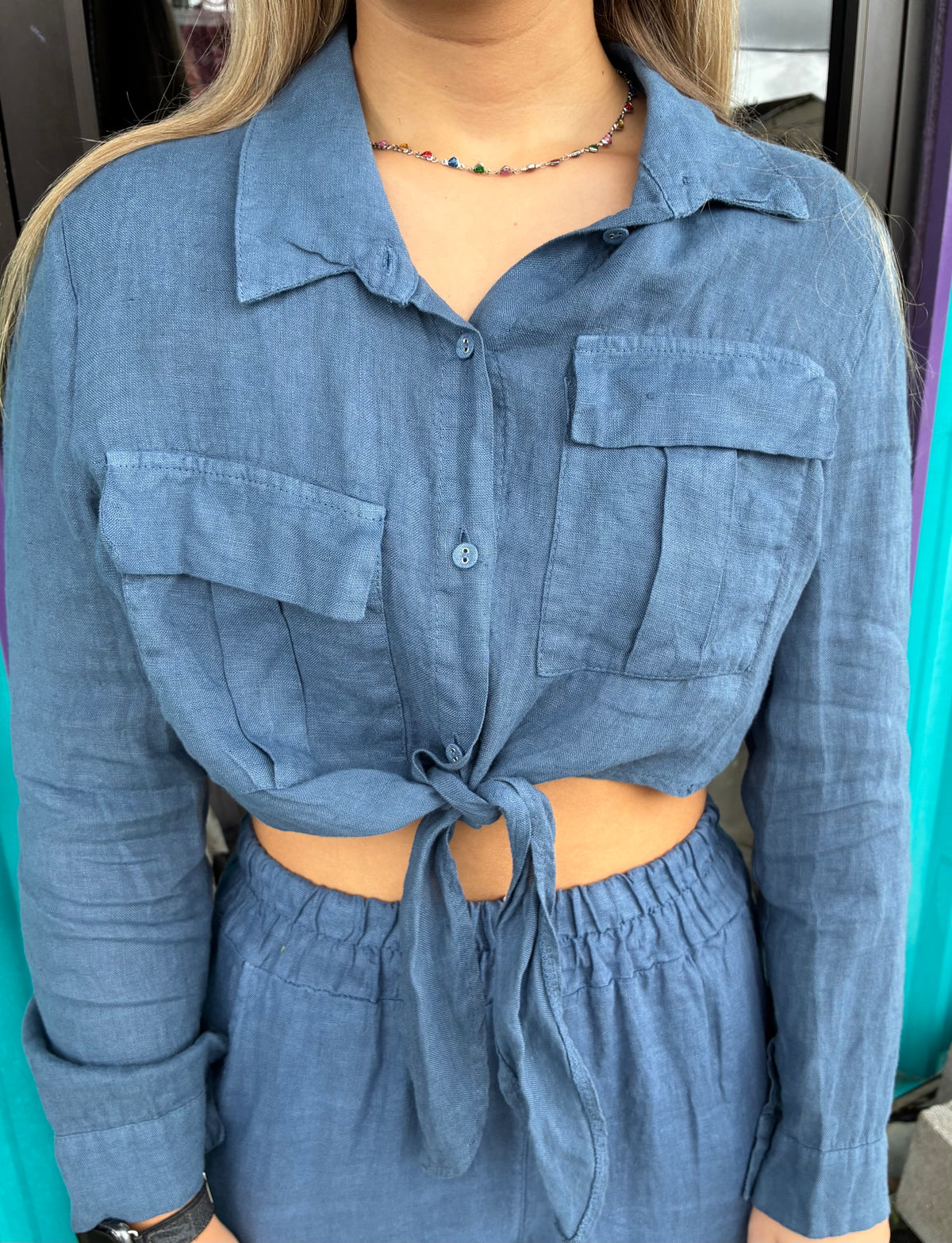 Slate Blue Linen Tie-Front Top